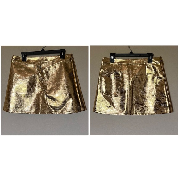 NWT Torn By Ronny Kobo Donnie Asymmetric Faux Leather Metallic Mini Skirt Gold - Picture 4 of 14